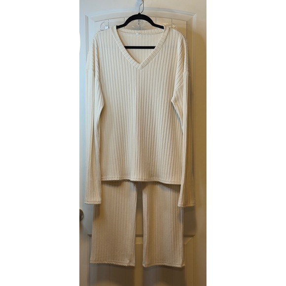 Shein Cream Ribbed Knit  2pc Set V Neck Top Wide Leg Pants Cozy Workwear 2X # - Picture 9 of 16